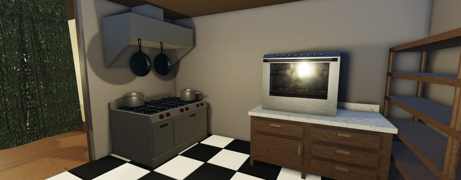 Detailed bakery storefront and surrounding vehicles