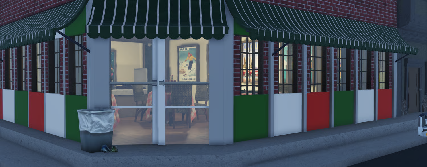 Bakery tables with food and warm lighting