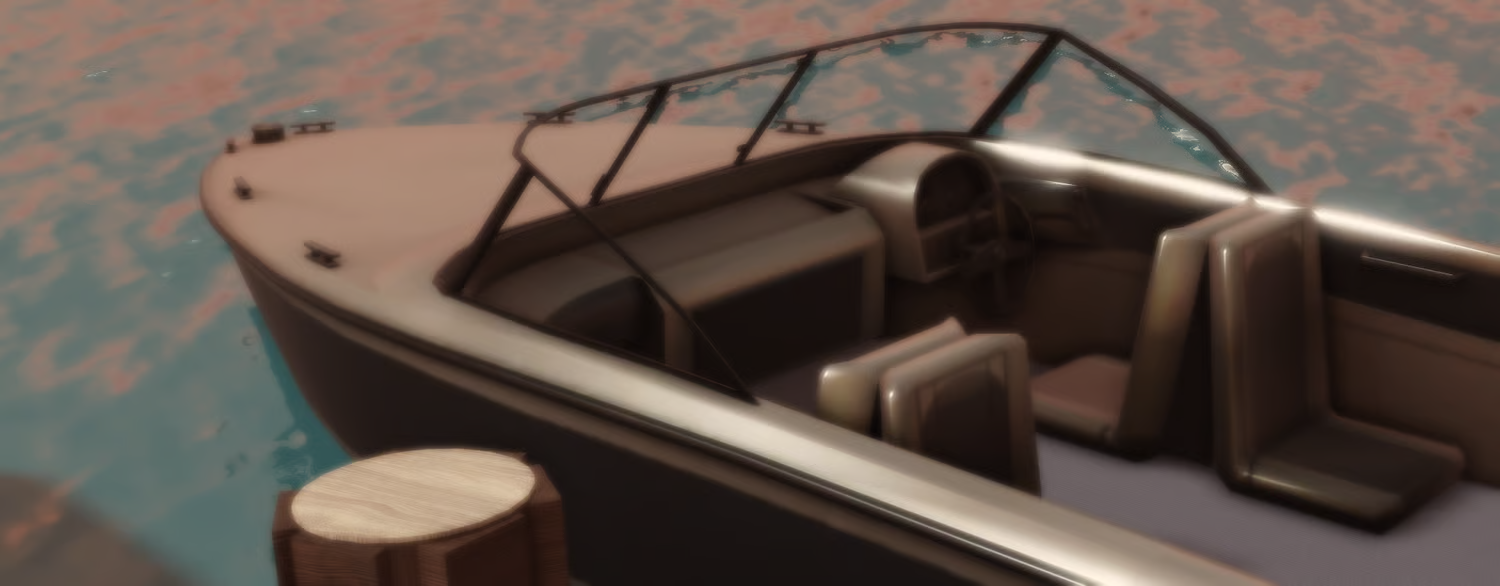 Jet boat parked beside wooden cabin dock