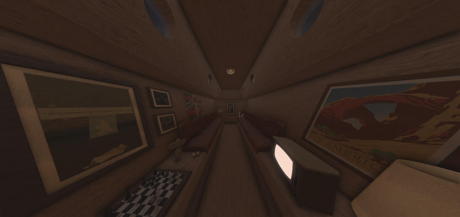 Boat cabin with lamp and decorative ornaments