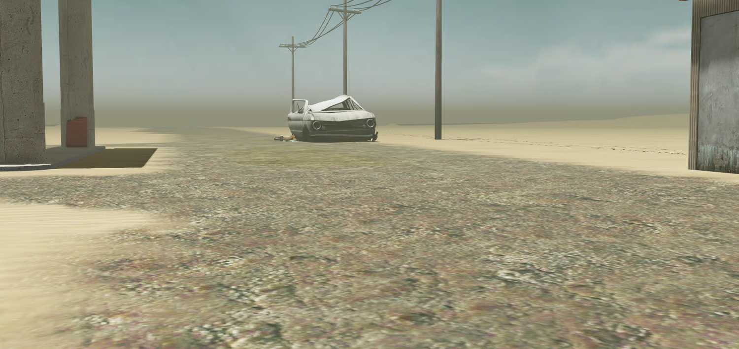 Gas station rear area with dumpsters stacked tires and stairs