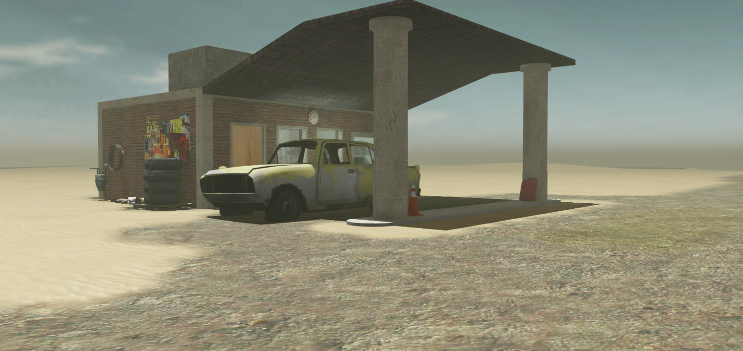 Detailed rooftop and exterior of rustic desert gas station