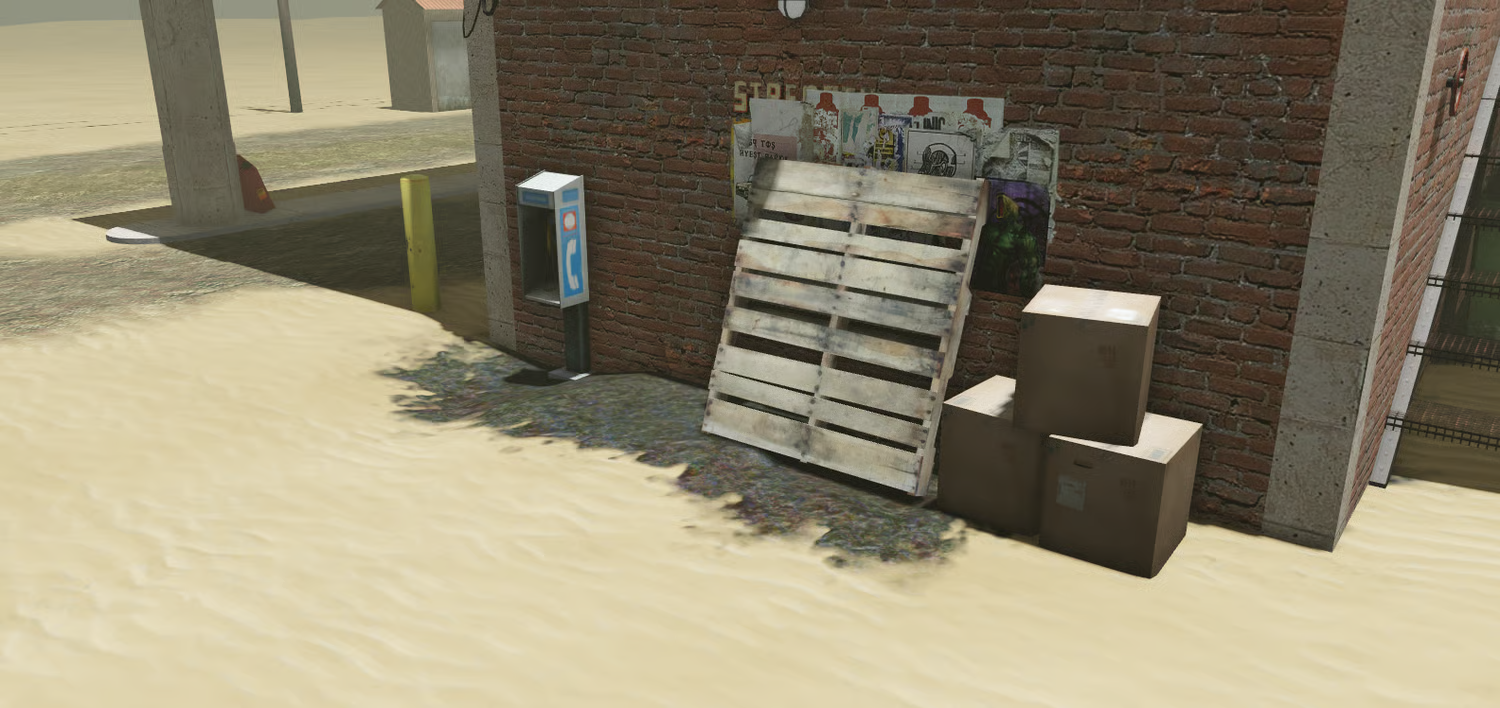 Desert gas station fuel pump canopy and brick building