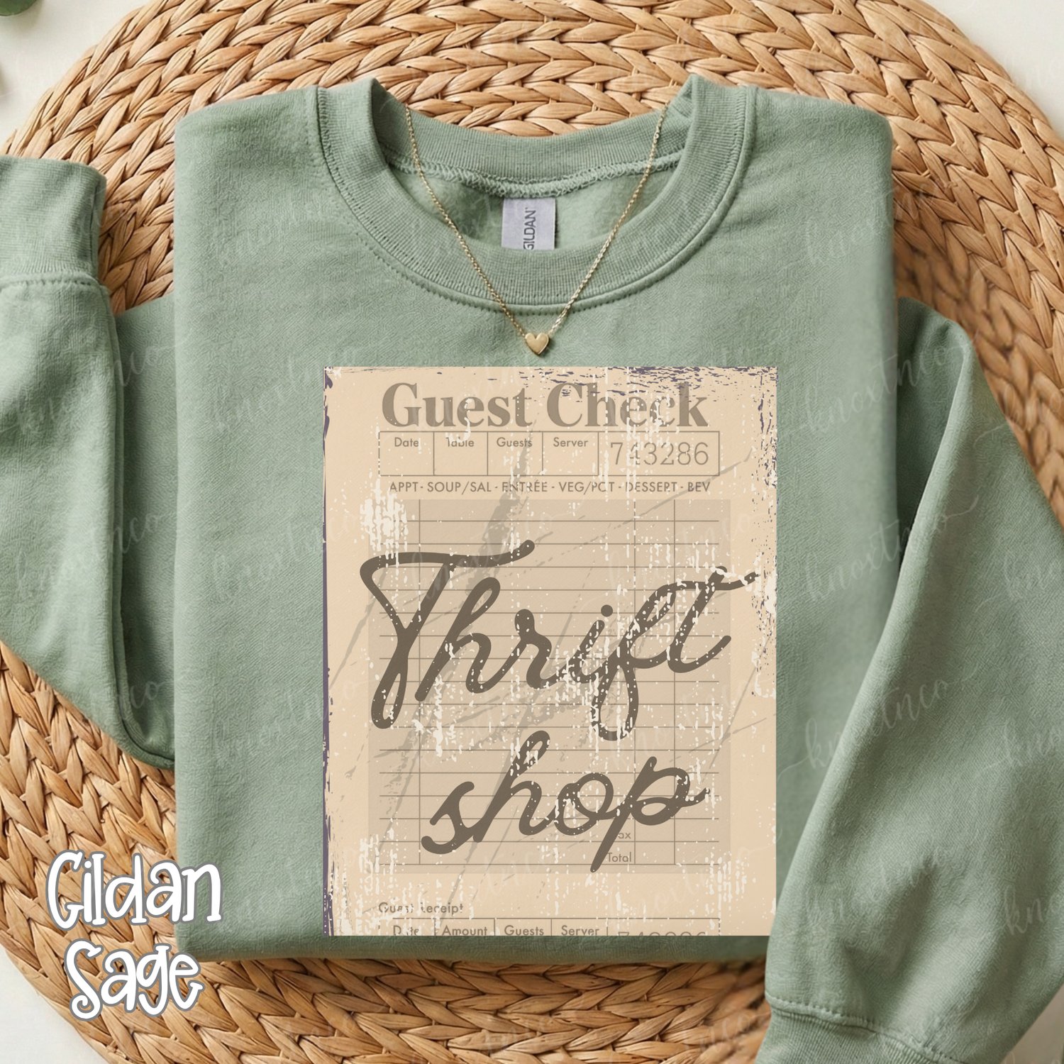 Thrift Shop graphic Comfort Colors t-shirt in sage green featuring a vintage distressed guest check design, perfect for thrifting lovers, antique shoppers, flea market fans, and vintage collectors.