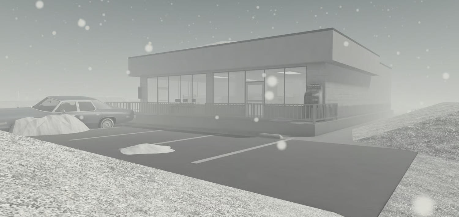 Roblox laundry store exterior during snowfall