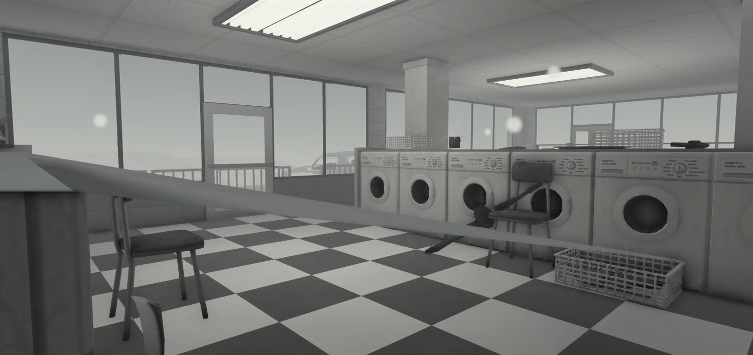 Detailed Roblox laundry store interior with washing machines