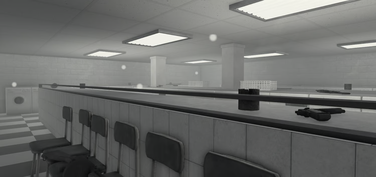 Roblox laundry facility with rows of washing machines