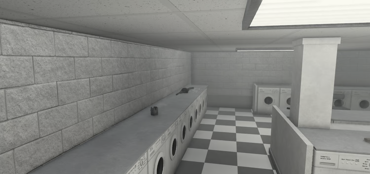 Roblox laundromat interior with tiled floor and seating