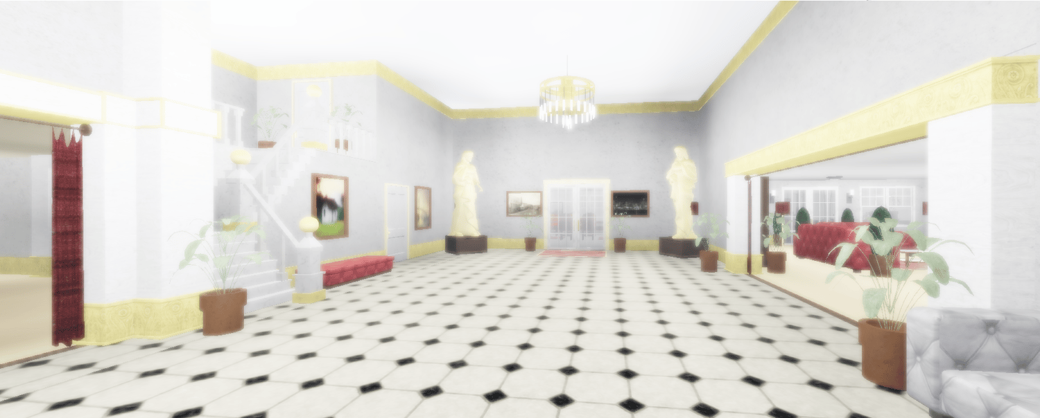 Grand mansion hallway with decorative statues