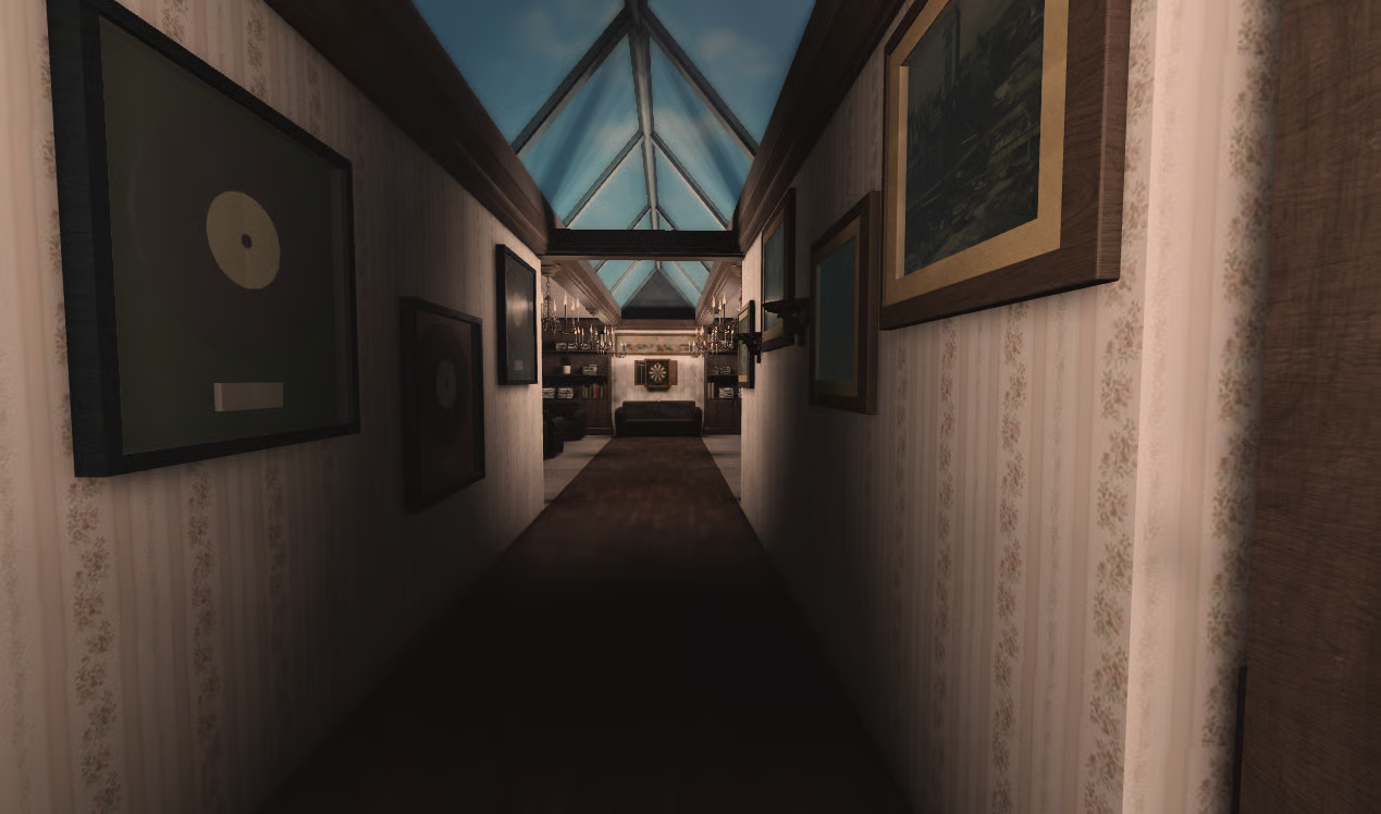 Office hallway with framed gold records and artwork