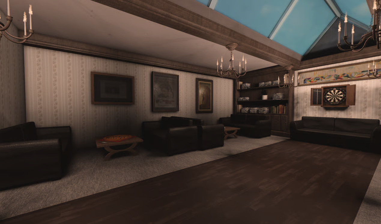 Luxury music producer office with dark wood furniture