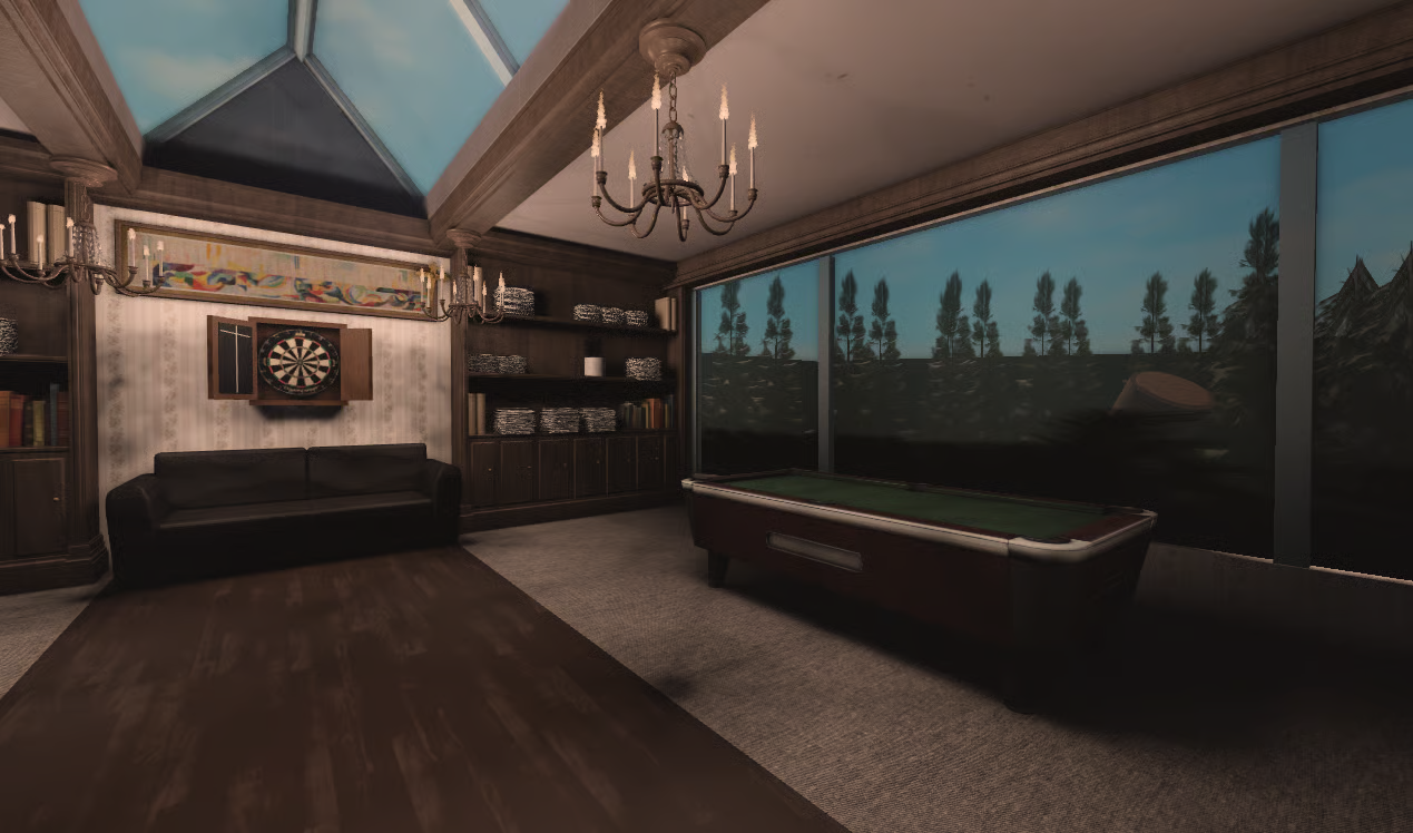 Music producer lounge with pool table and large windows