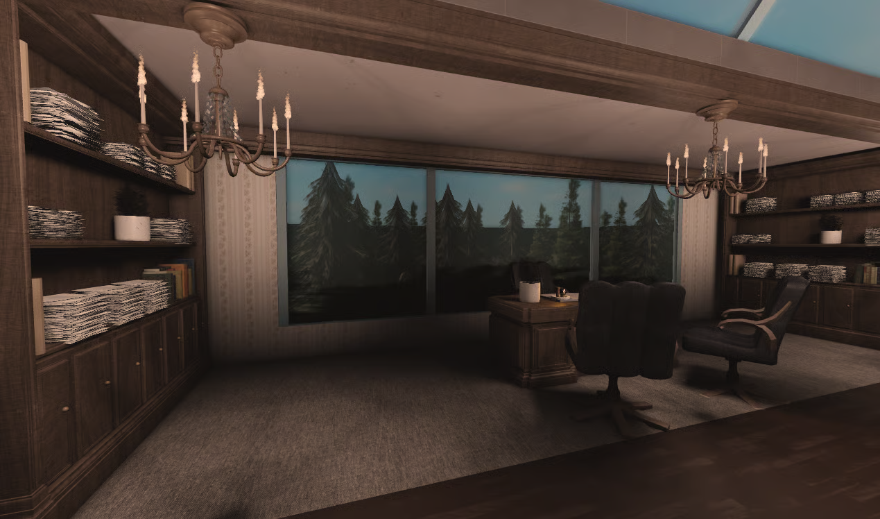 Music producer office with bookshelves and chandeliers