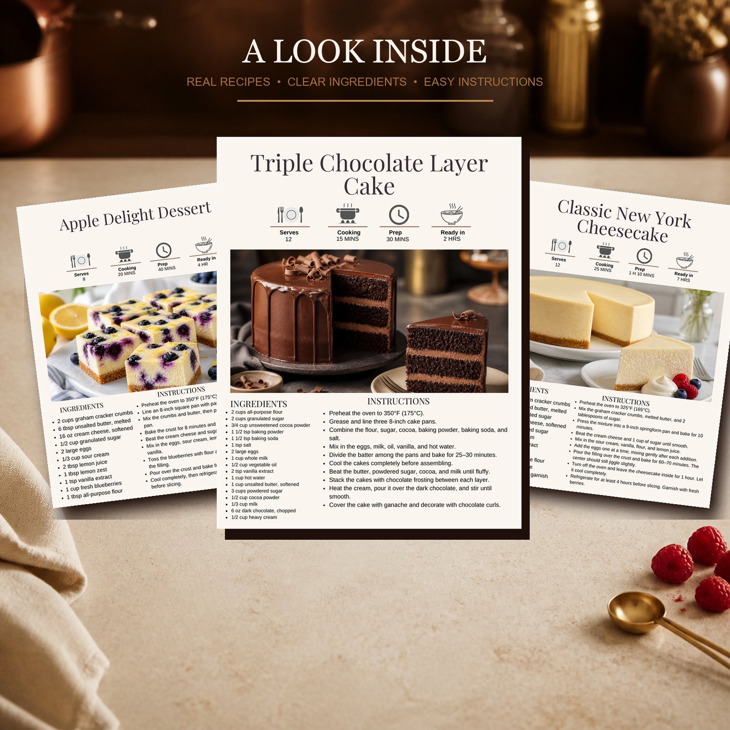 Preview of Sweet Moments recipe pages featuring apple, chocolate cake, and cheesecake desserts