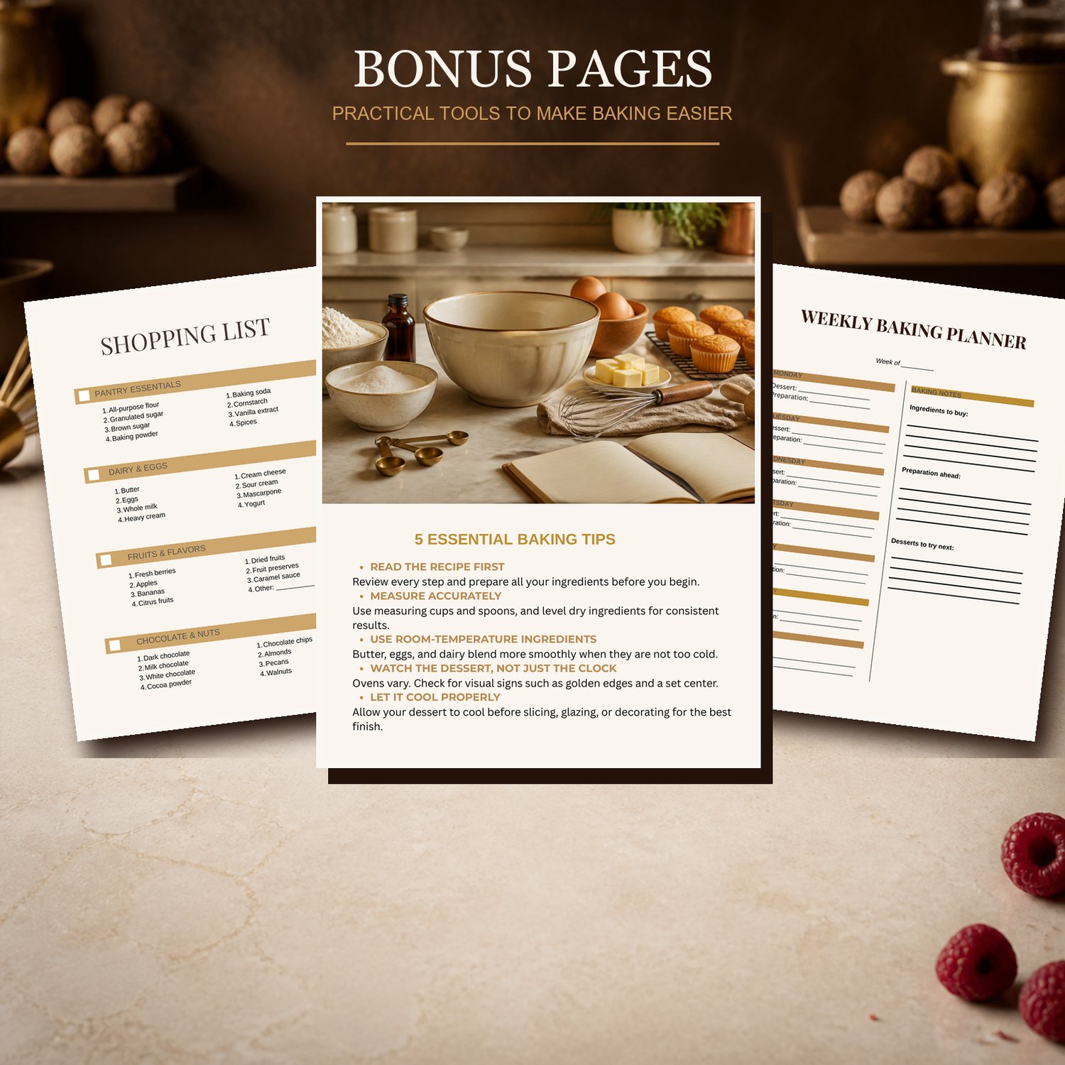 Sweet Moments bonus pages featuring baking tips, a dessert shopping list, and a weekly baking planner