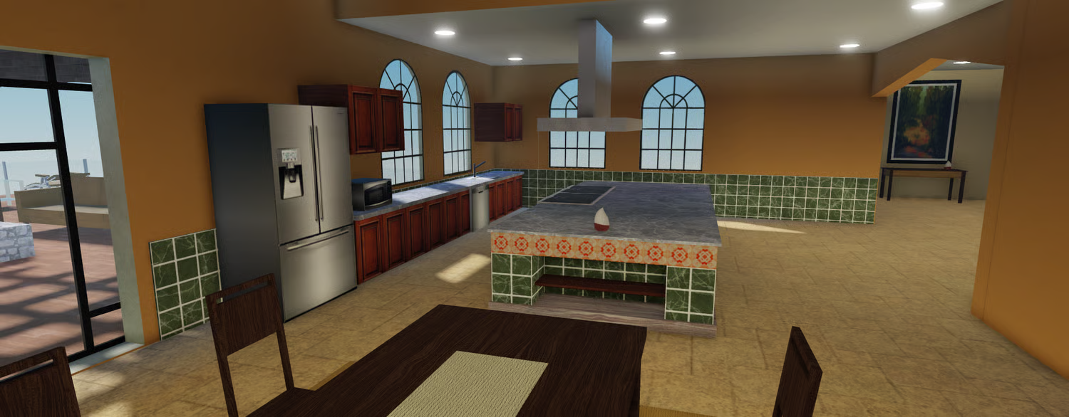 Large Italian villa kitchen and dining area