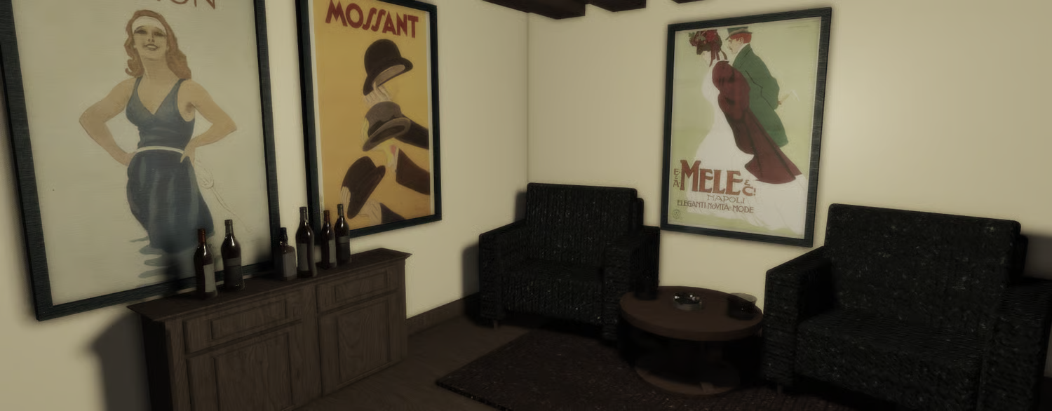 Bar counter with bottles, glasses, and retro decorations