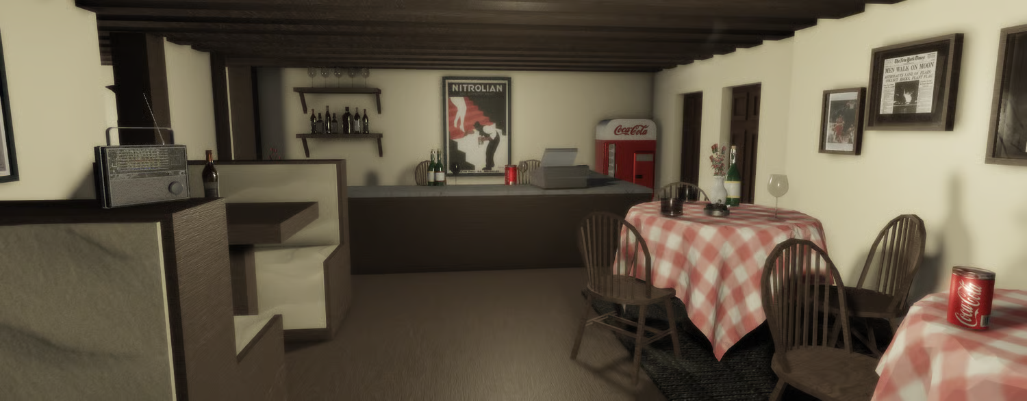 Detailed Italian cafe interior with bar and dining area