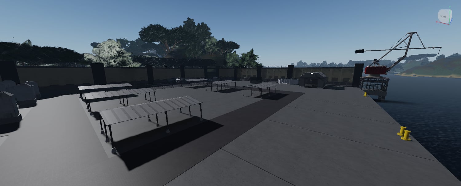 Scientific facility dock with cranes and containers