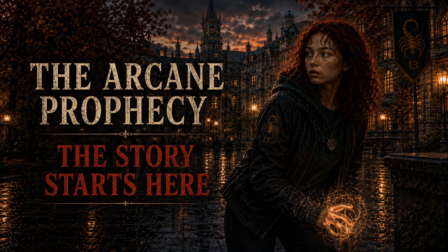 16:9 promotional banner for The Arcane Prophecy showing Yote Diamondback on a rain-slicked Arcane Elemental Academy campus at dusk, wearing green-and-black Scorpii clothing while golden runic magic glows around her hand. The overlay reads, “The Arcane Pro