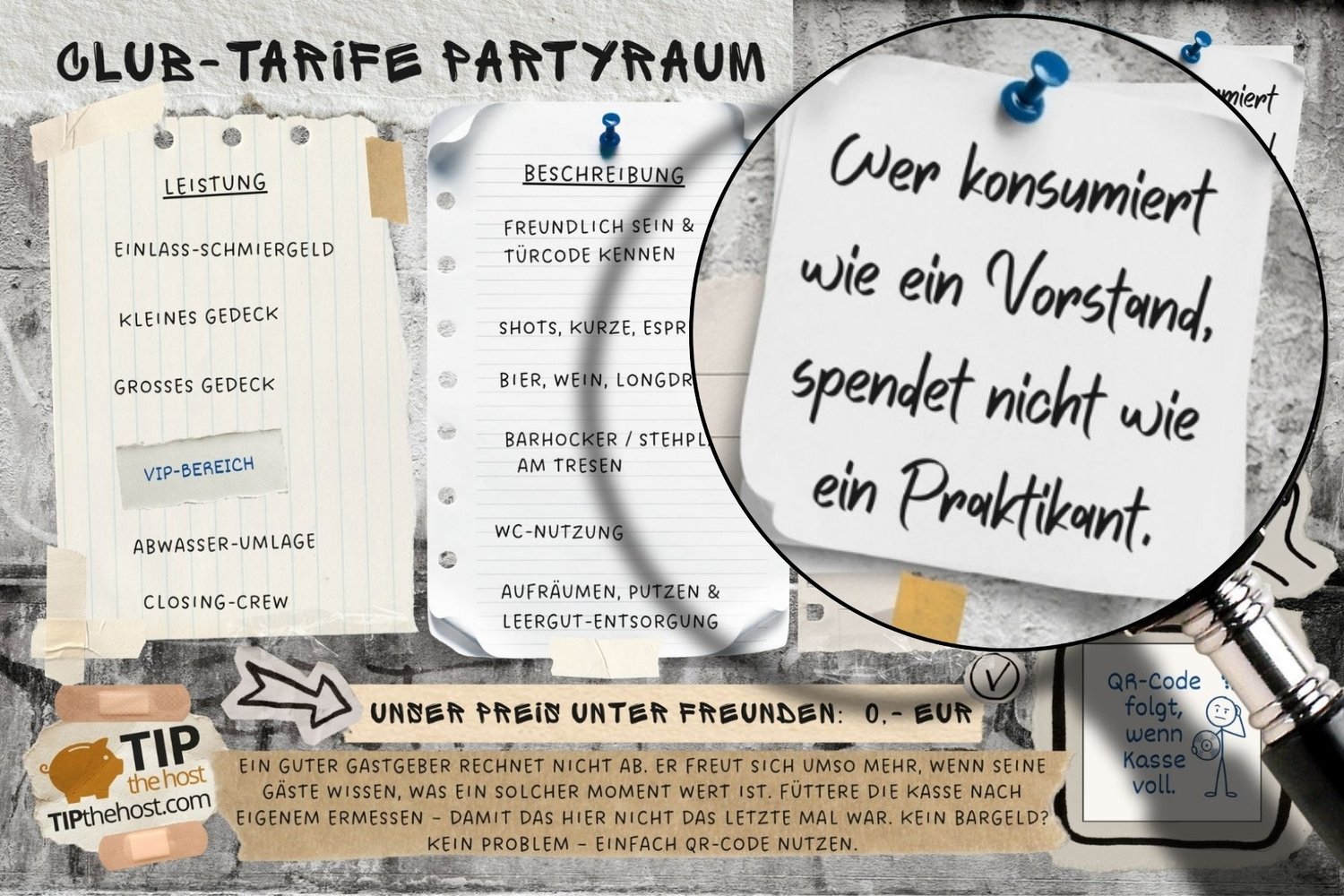 Detailansicht der Partykeller-Preisliste in der hellen Variante, Lupe zeigt einen humorvollen Spruch zum Thema Konsum und Spenden