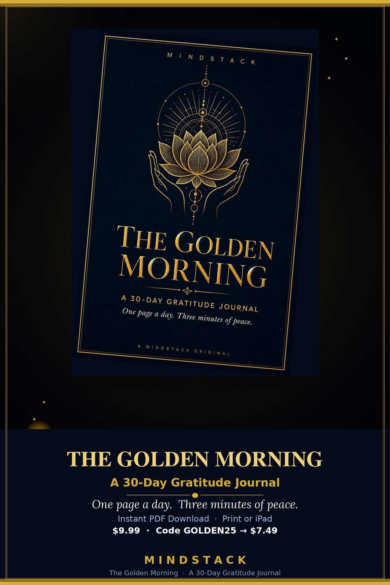 Golden Morning Gratitude Journal printable PDF daily gratitude journal for adults with 90 days of guided prompts for gratitude, intentions, and positive reflection