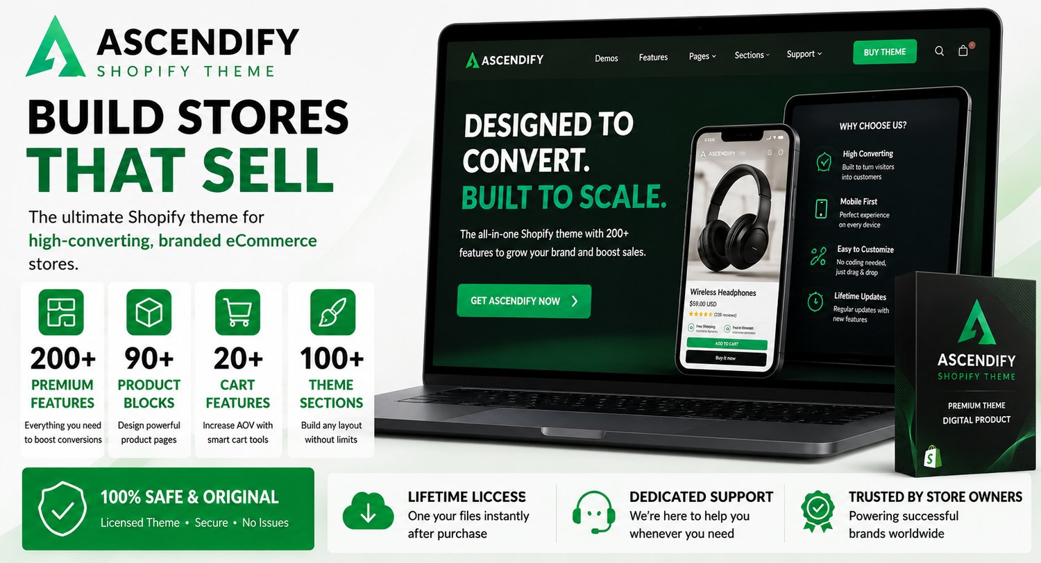 Ascendify Shopify Theme with 200+ features, product blocks, cart tools and conversion-focused store design