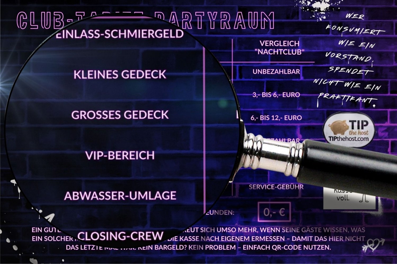 Detailansicht der Partykeller-Preisliste in der dunklen Variante, Lupe zeigt die Leistungen von Einlass-Schmiergeld bis Closing-Crew
