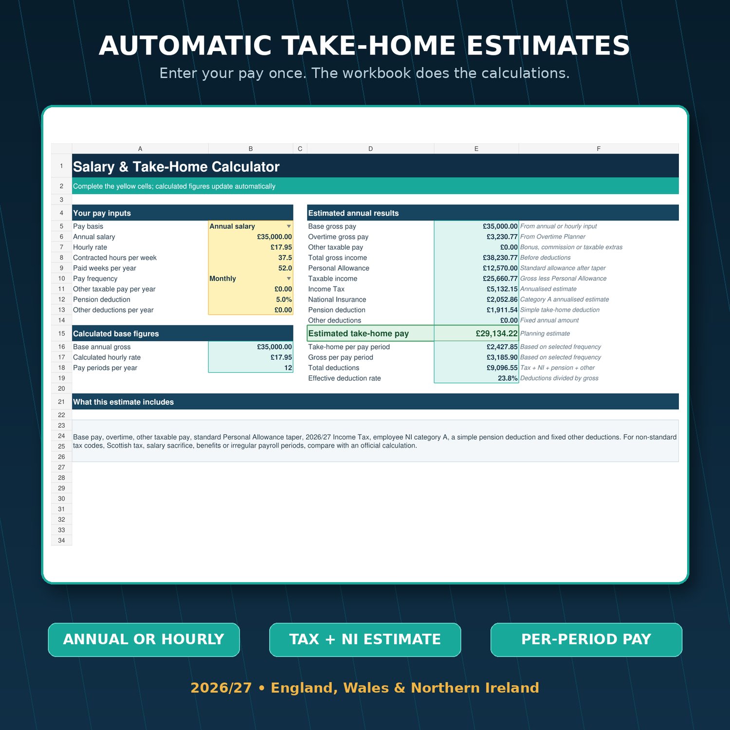 Excel take-home pay calculator worksheet preview
