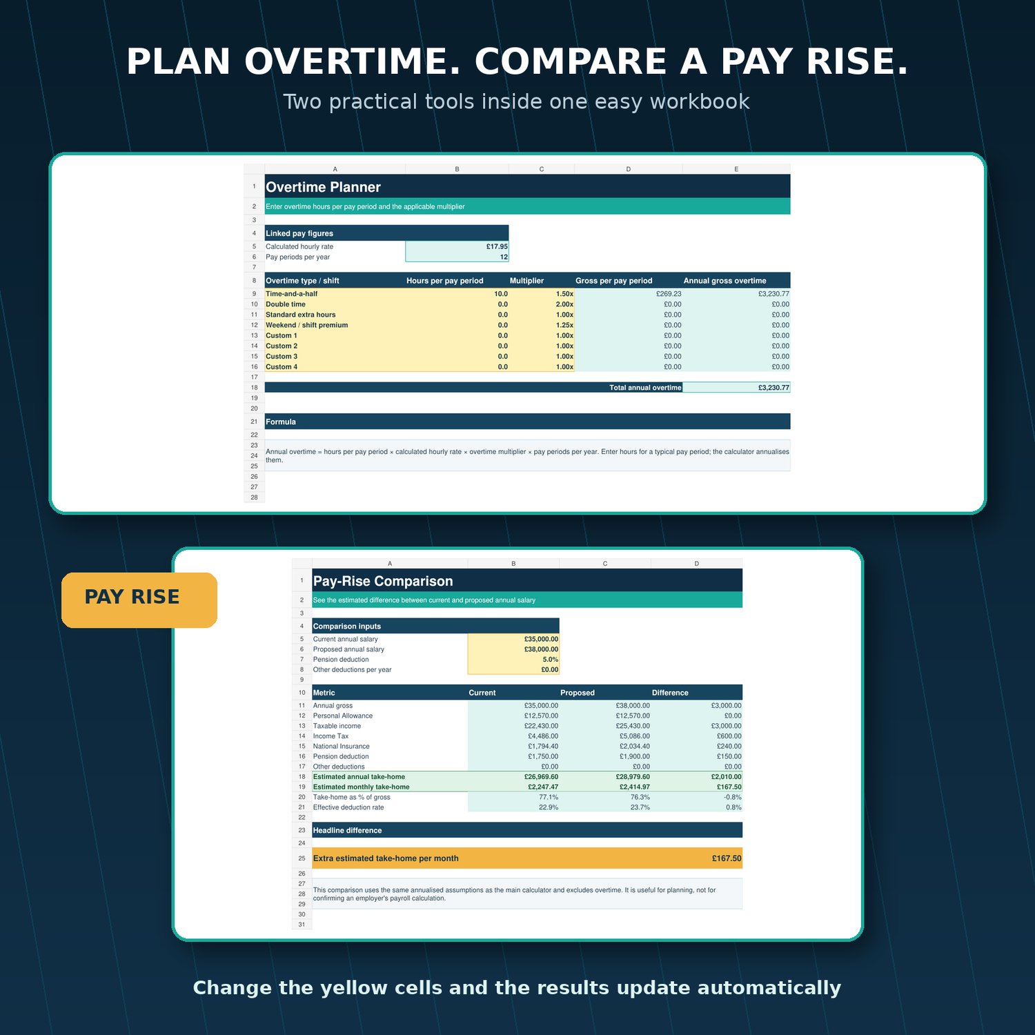Excel overtime and pay-rise comparison worksheet preview