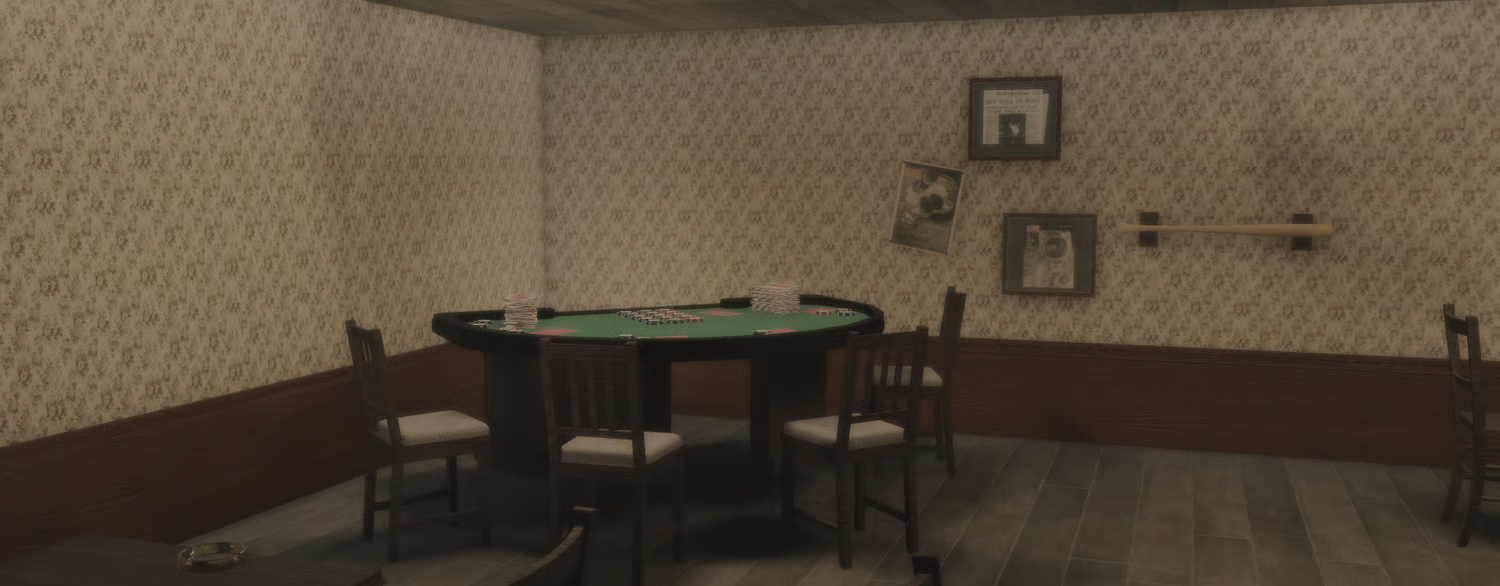 Vintage dining area with posters and wallpaper