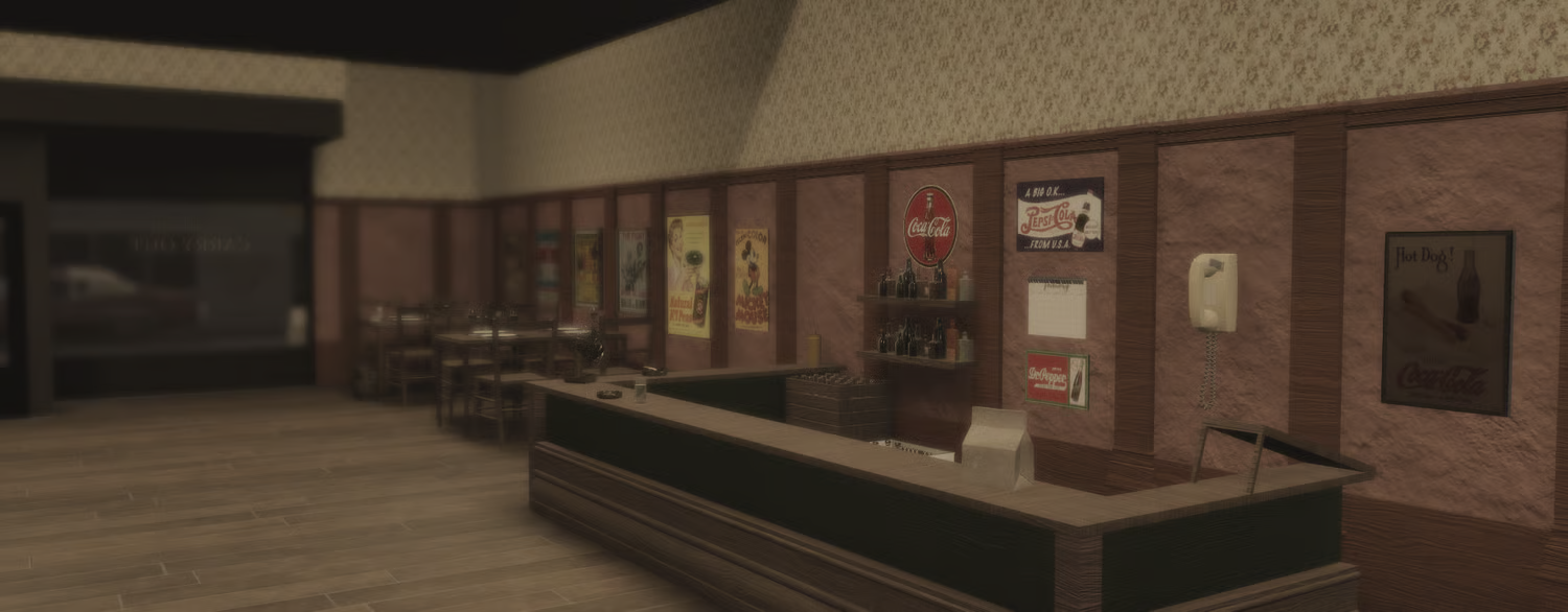 Vintage restaurant dining room with tables and chairs