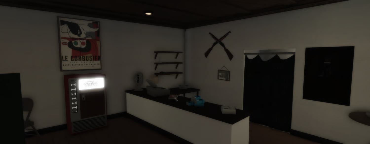 Deli kitchen with counters shelves and food supplies