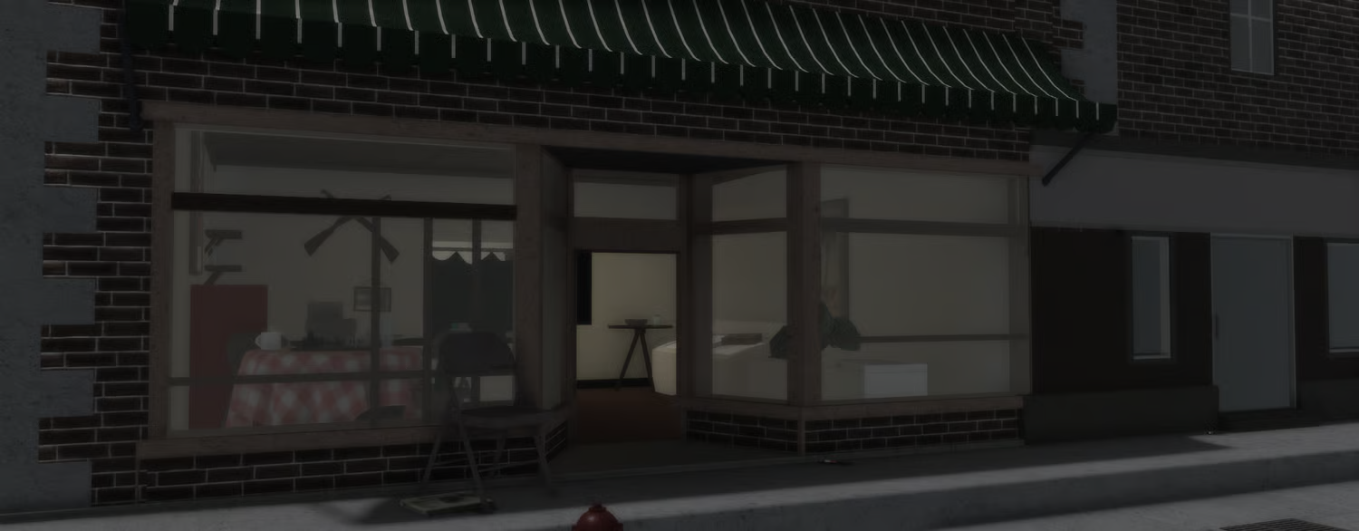 Detailed deli store exterior with large front windows