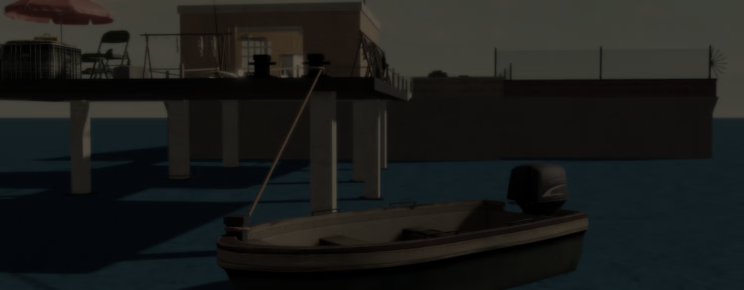 Decorative wooden fishing boat beside dock