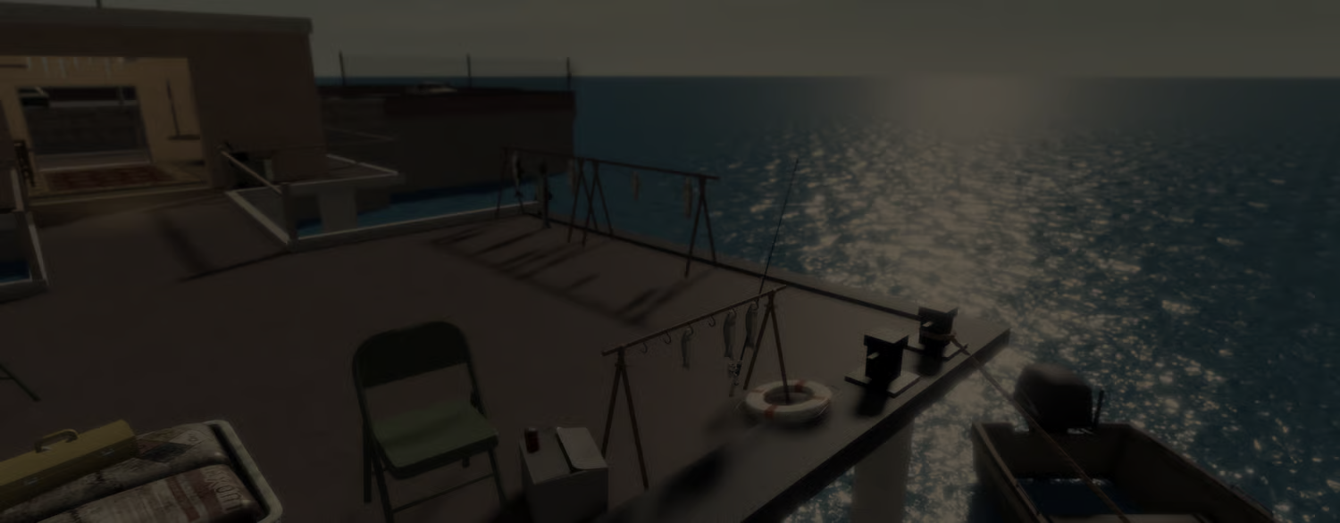 Waterfront dock with seats and large umbrella