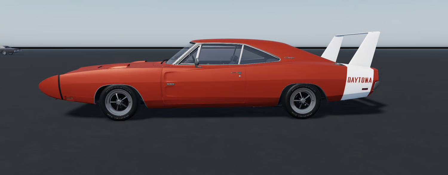 Large rear spoiler on orange muscle sedan