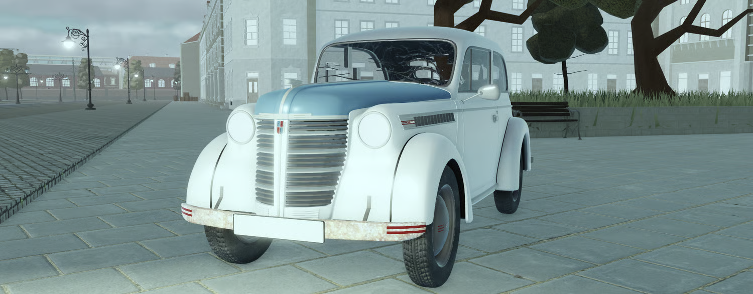 Classic silver car with blue hood