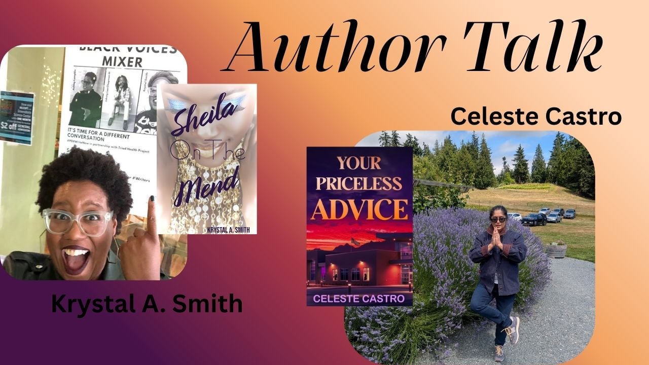 Youtube thumbnail image Author Talk Purple orange backdrop with author photos of Krystal A. Smith and Celeste Castro along side thumbnails of their book covers.