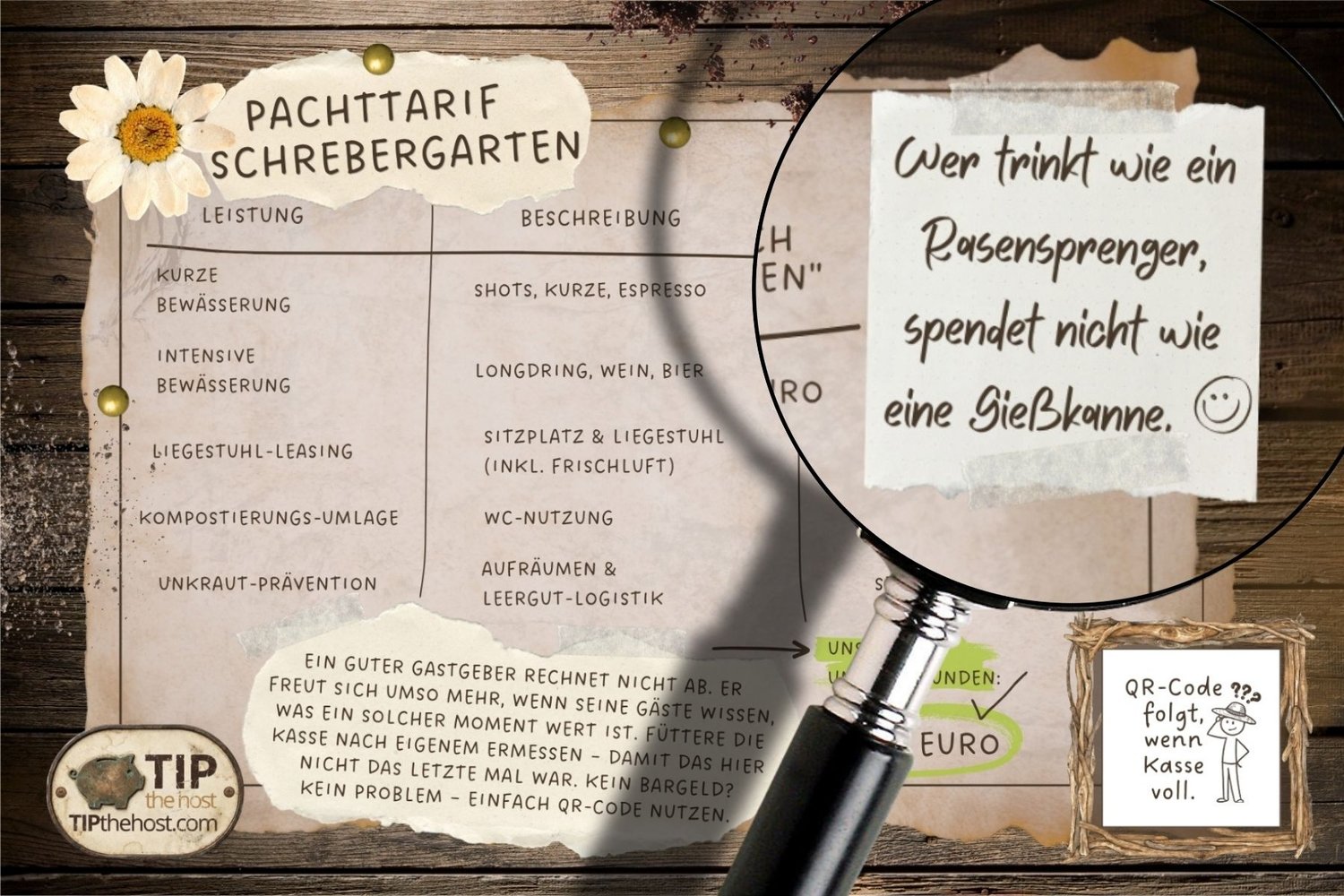 Detailansicht der Schrebergarten-Preisliste, Lupe zeigt einen humorvollen Spruch über Rasensprenger und Gießkanne