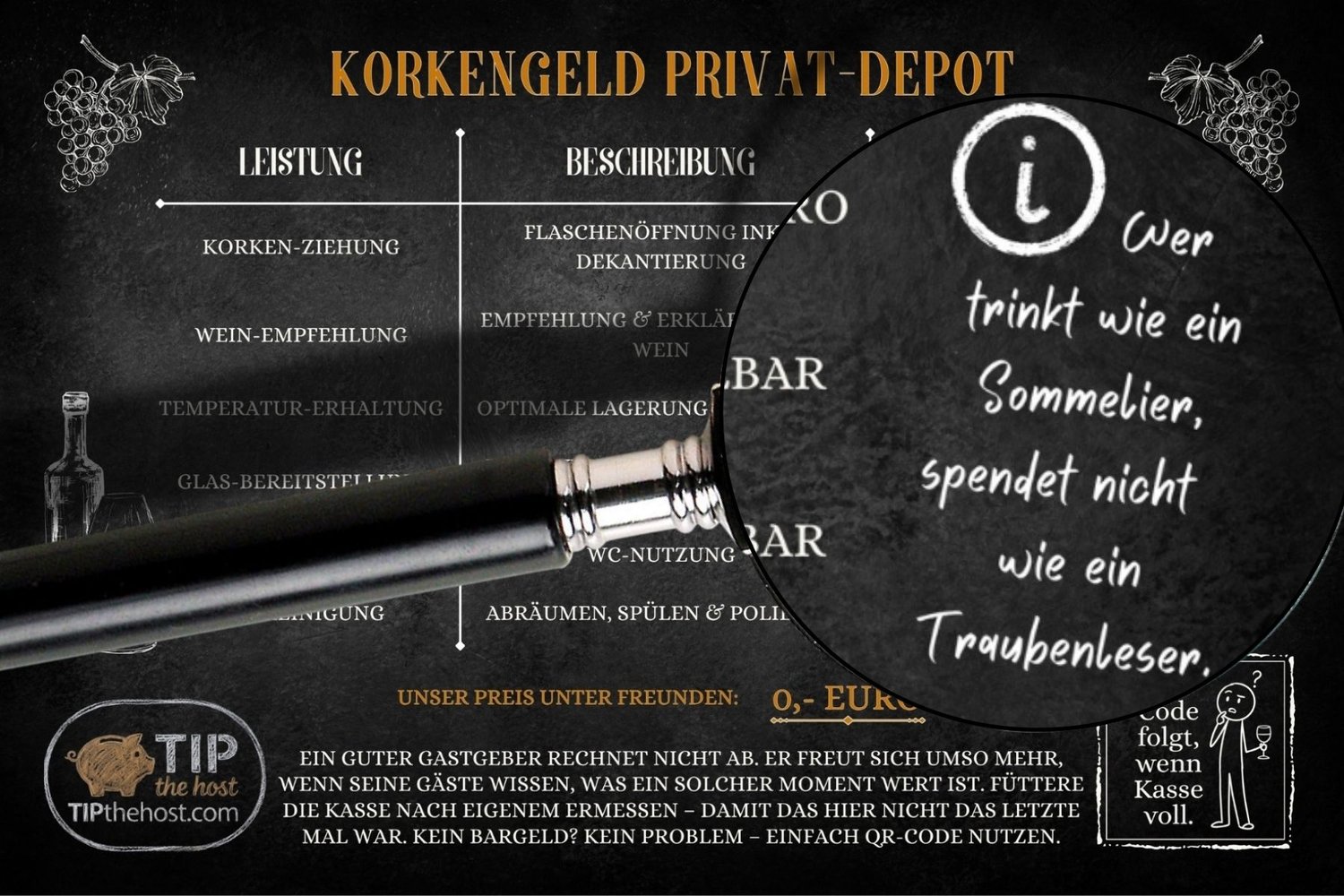 Detailansicht der Weinkeller-Preisliste in der dunklen Variante, Lupe zeigt einen humorvollen Spruch über Sommelier und Traubenleser
