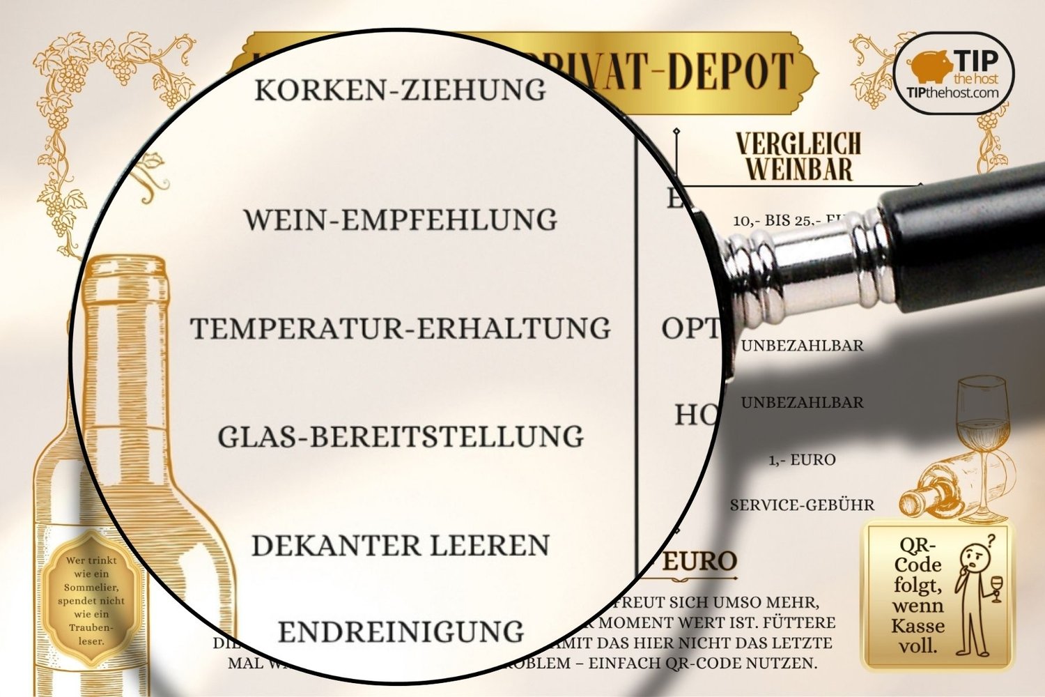 Detailansicht der Preisliste fürs Weinregal in der hellen Variante, Lupe zeigt die Leistungen von Korken-Ziehung bis Endreinigung