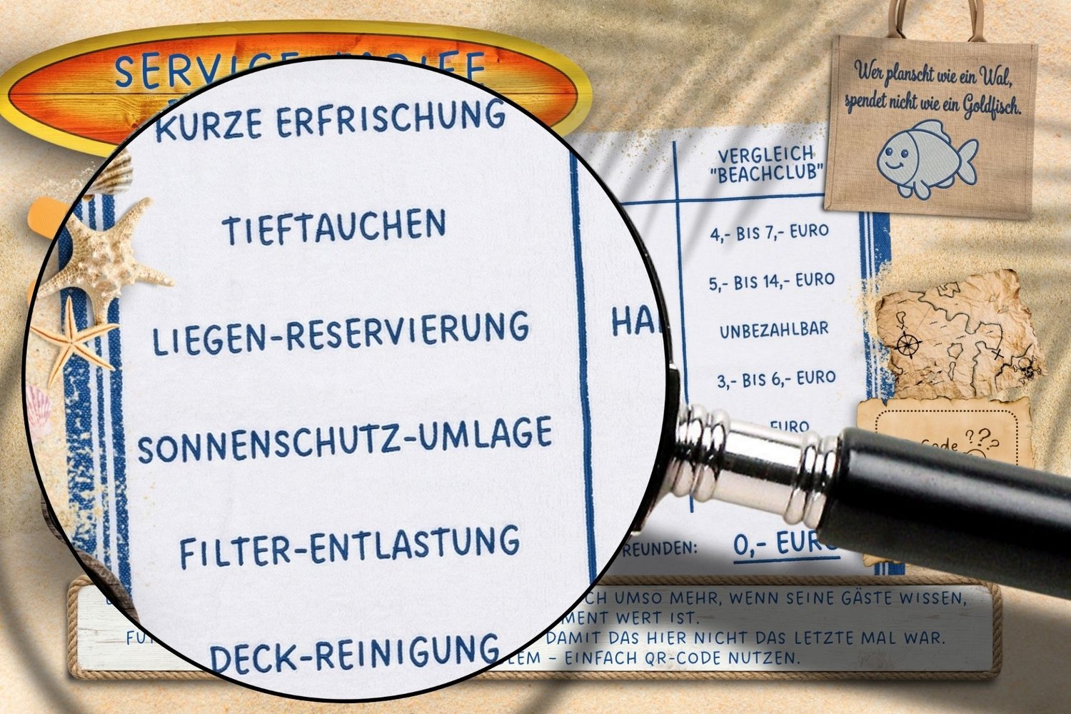 Detailansicht der Preisliste für die Poolbar, Lupe zeigt die Leistungen von Kurze Erfrischung bis Deck-Reinigung