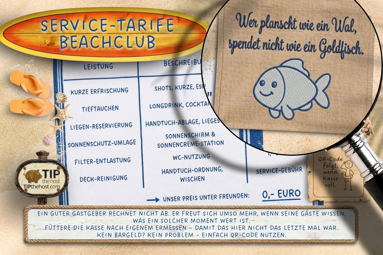 Detailansicht der Pool-Preisliste, Lupe zeigt einen humorvollen Spruch über Wal und Goldfisch