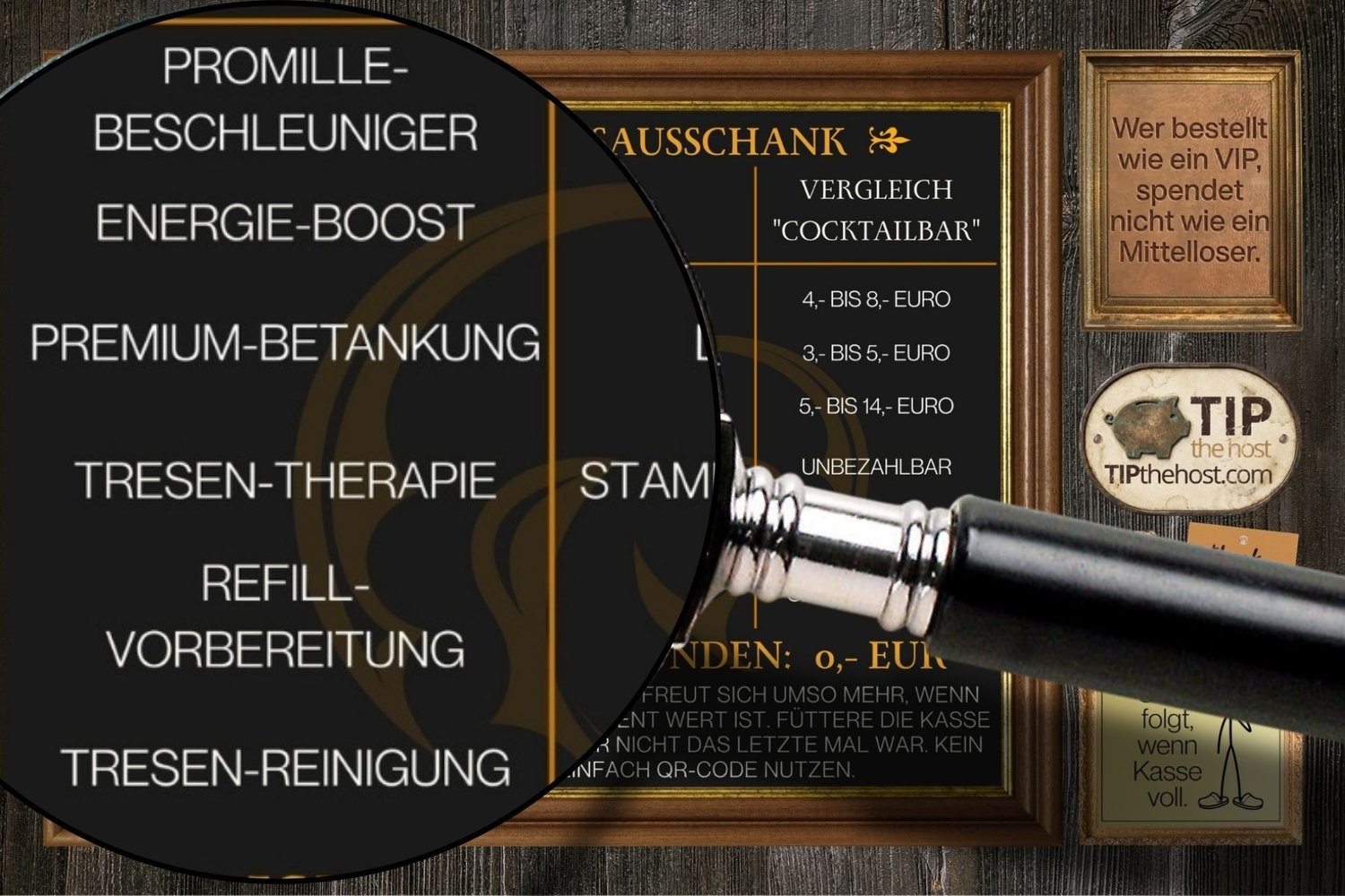 Detailansicht der Preisliste für den Barwagen in der dunklen Variante, Lupe zeigt die Leistungen von Promille-Beschleuniger bis Tresen-Reinigung