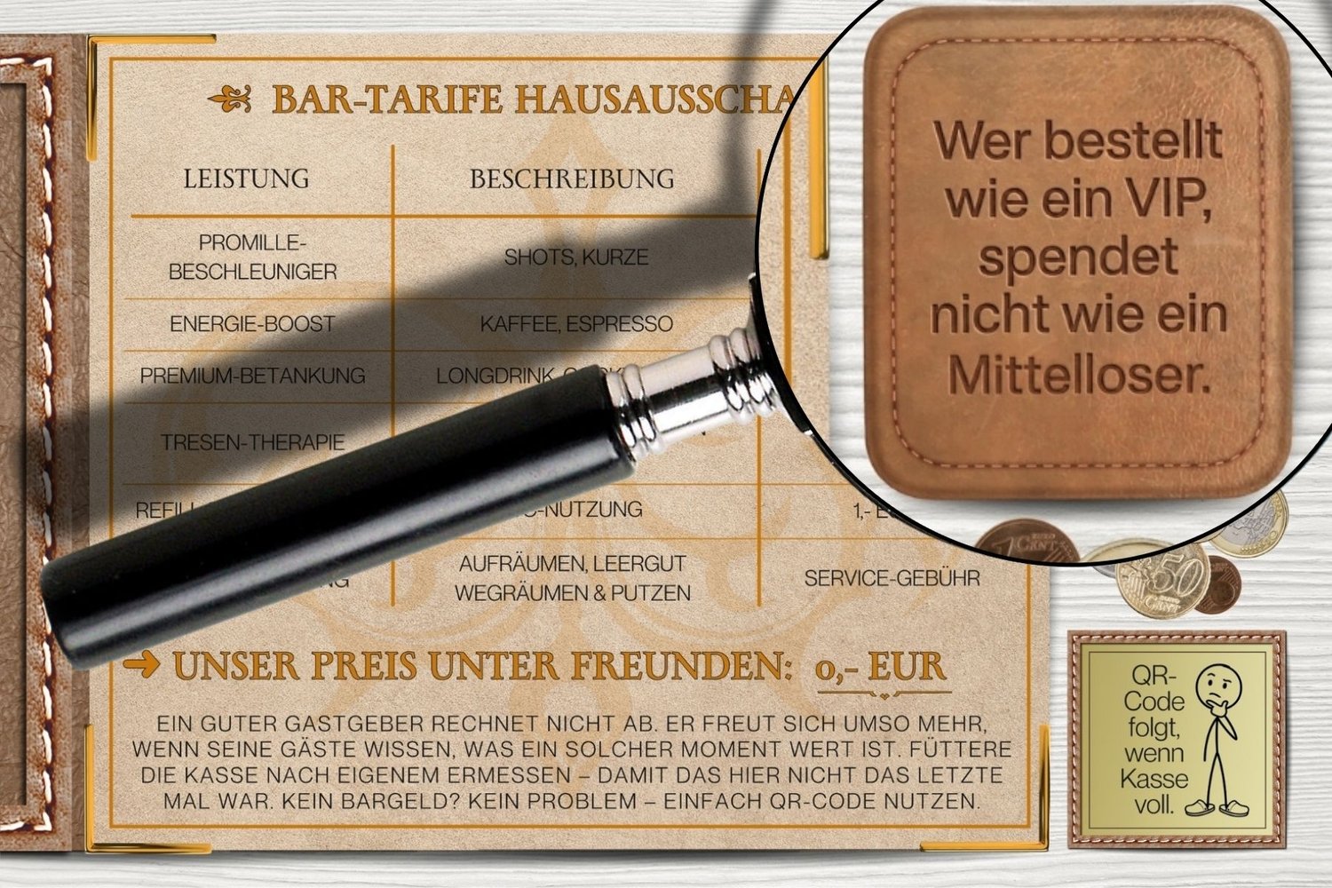 Detailansicht der Hausbar-Preisliste in der hellen Variante, Lupe zeigt einen humorvollen Spruch auf einem Untersetzer