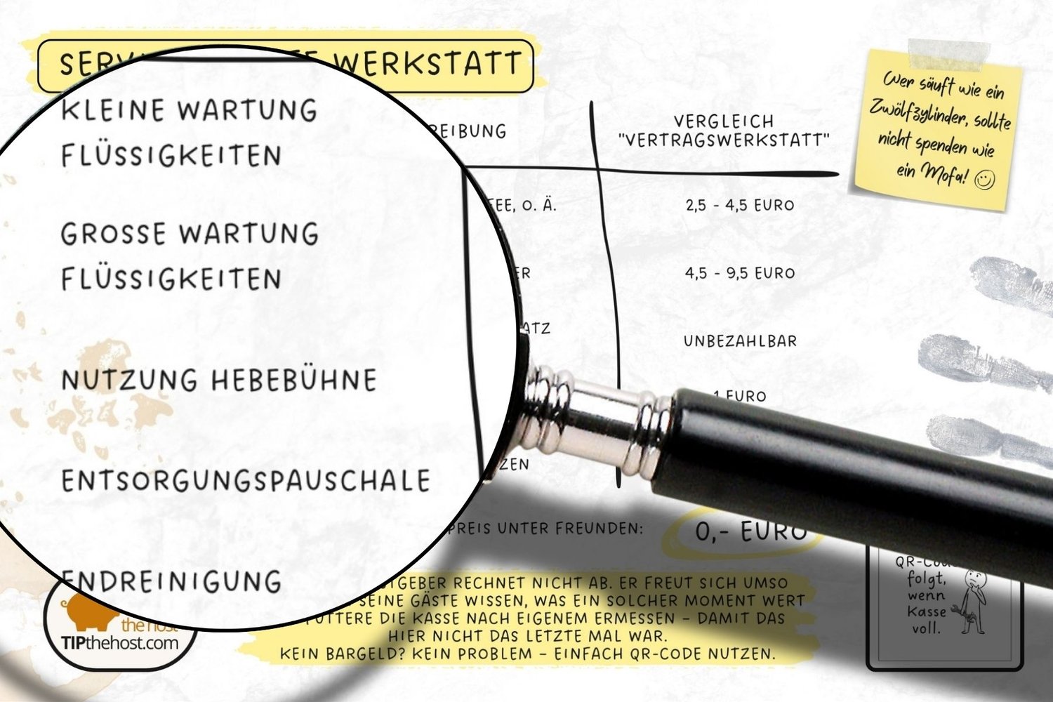 Detailansicht der Preisliste für die Garage, Lupe zeigt die Leistungen von Kleine Wartung bis Endreinigung