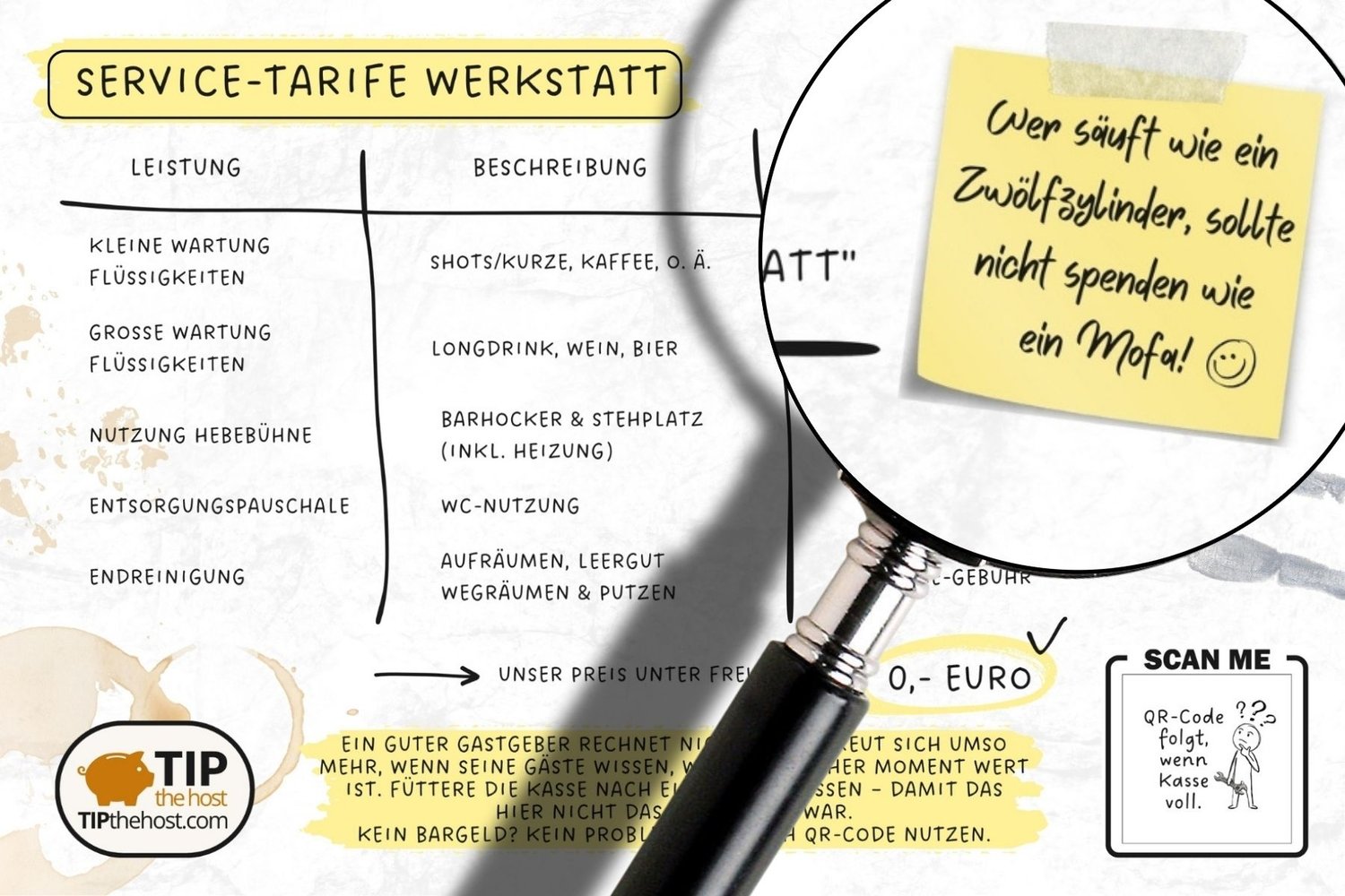 Detailansicht der Werkstatt-Preisliste, Lupe zeigt einen humorvollen Spruch über Zwölfzylinder und Mofa