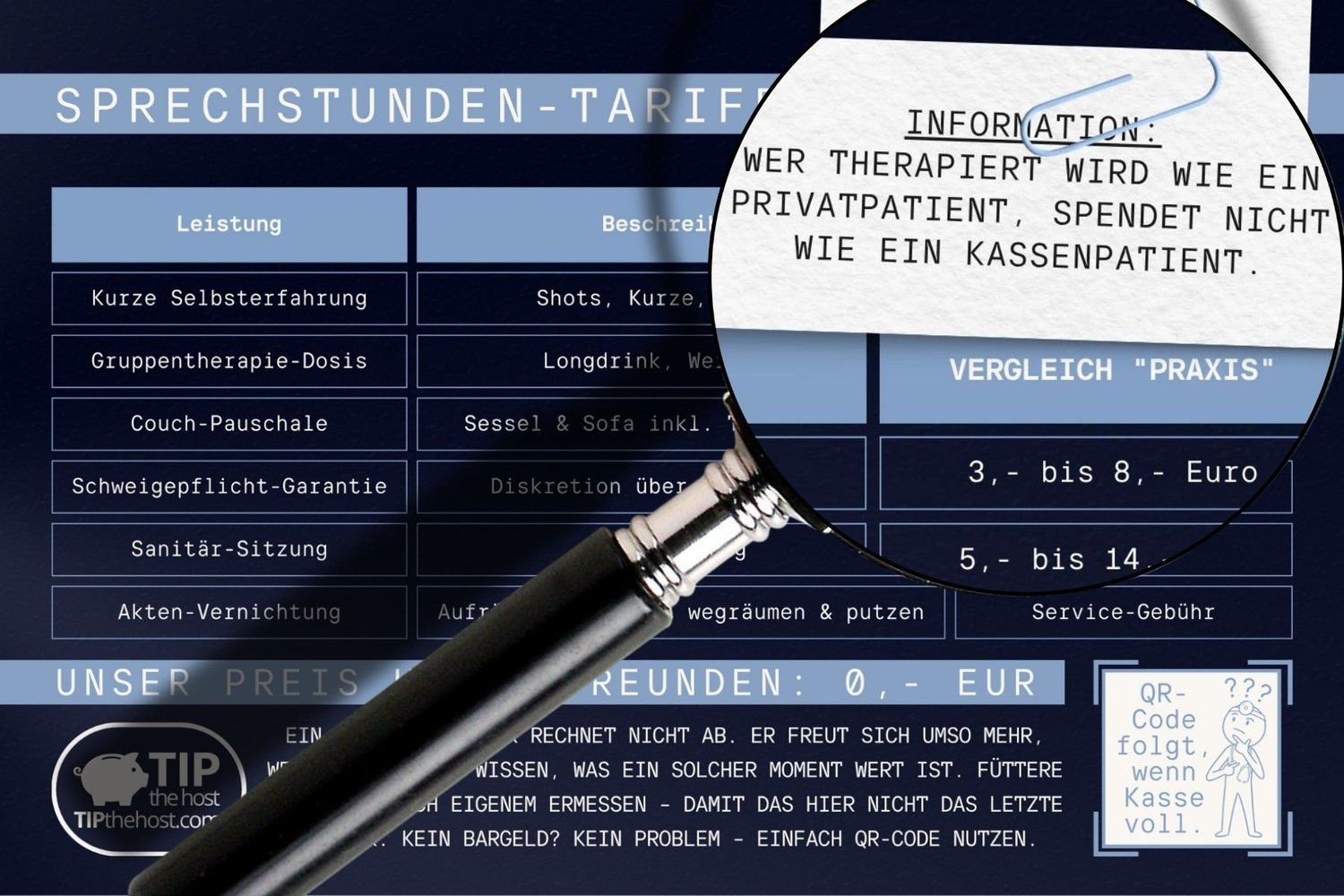 Detailansicht der Preisliste in der dunklen Variante, Lupe zeigt einen humorvollen Hinweis über Privatpatient und Kassenpatient