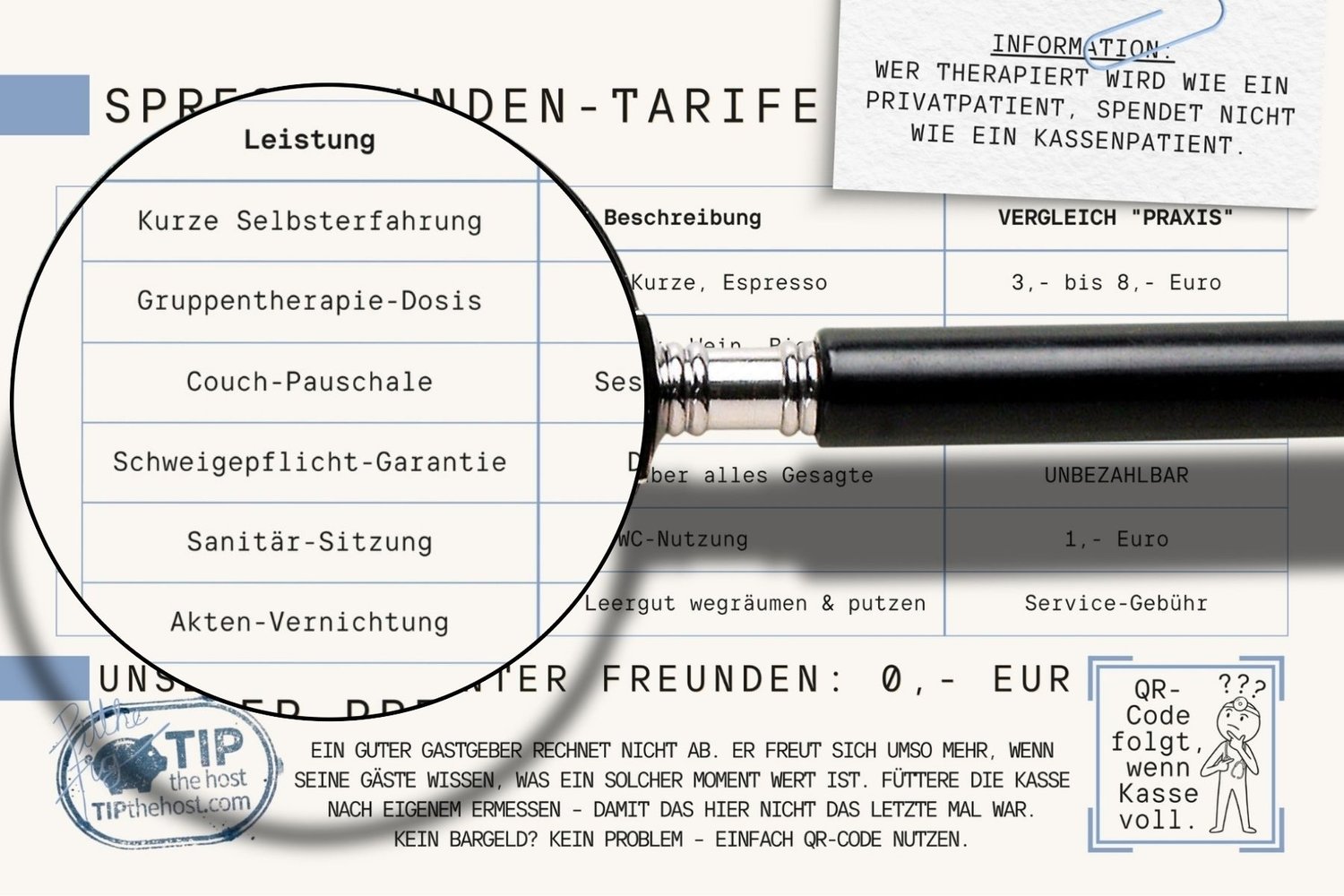 Detailansicht der Preisliste für die Couch in der hellen Variante, Lupe zeigt die Leistungen von Kurze Selbsterfahrung bis Akten-Vernichtung